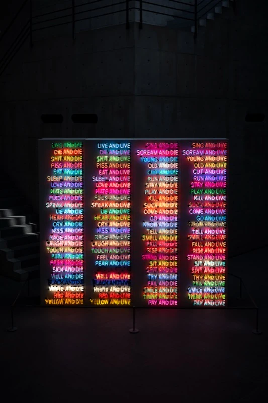 A wall of neon words in a dark room