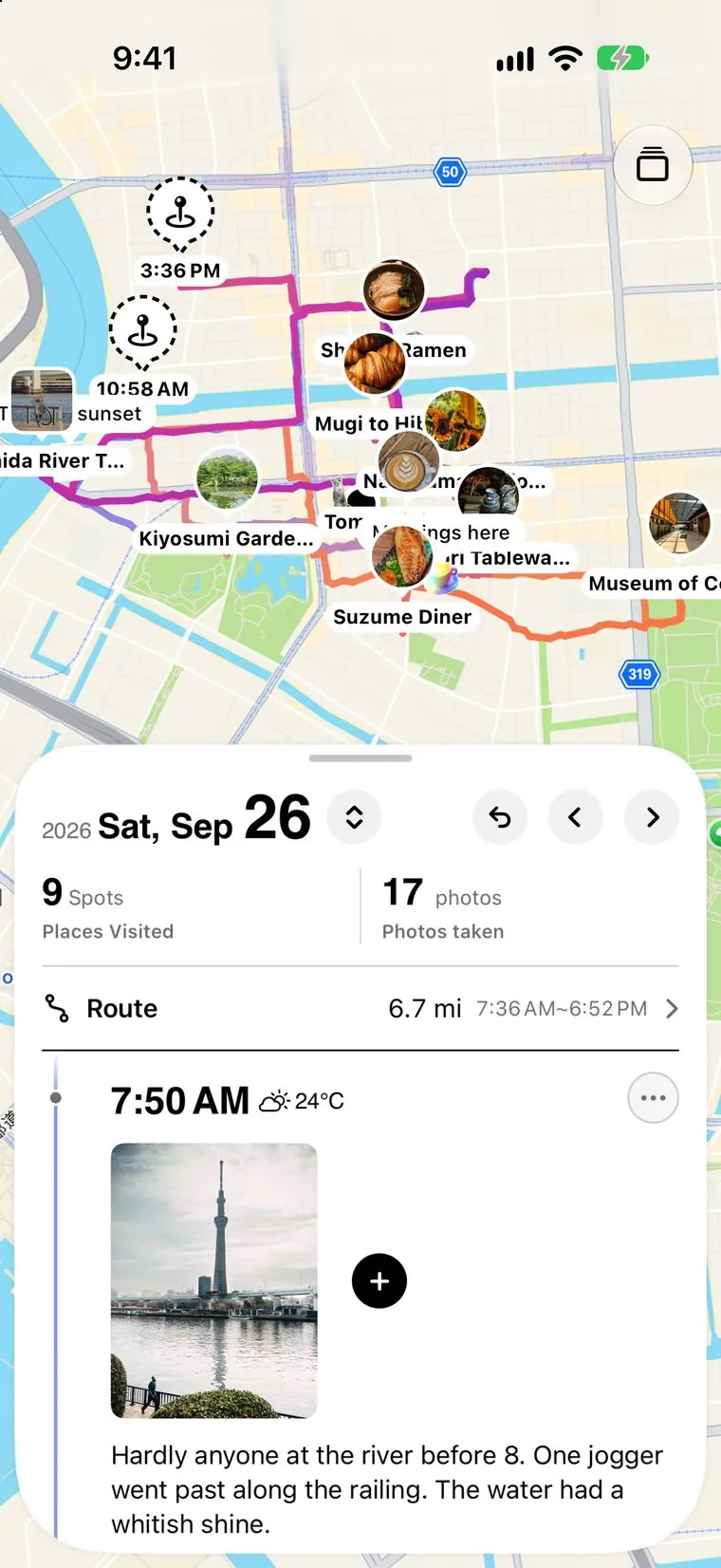 RONDO: a day's route drawn on the map, with the places you stopped at