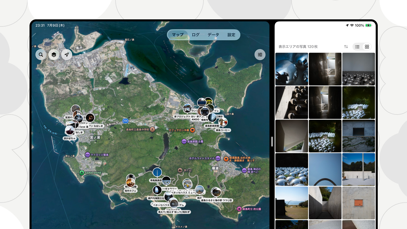 Ver 3.0 iPad対応のスクリーンショット（衛星地図と写真パネルの2画面）